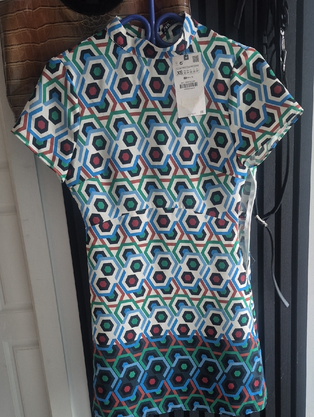 Zara Geometric Hexagon Mini Dress in White, Blue, Green, Red